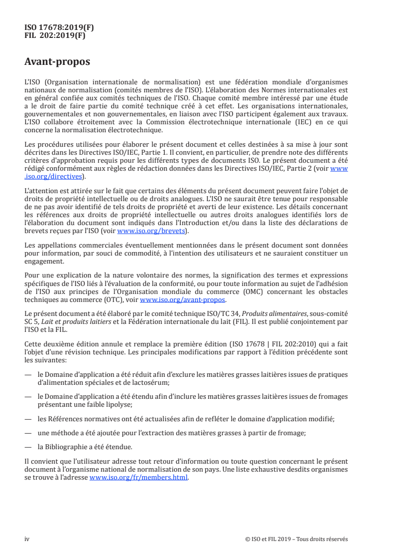 ISO 17678:2019 ISO 17678:2019 - Lait et produits laitiers — Détermination de la pureté des matières grasses laitières par analyse chromatographique en phase gazeuse des triglycérides/17/2019 - Page 4 preview