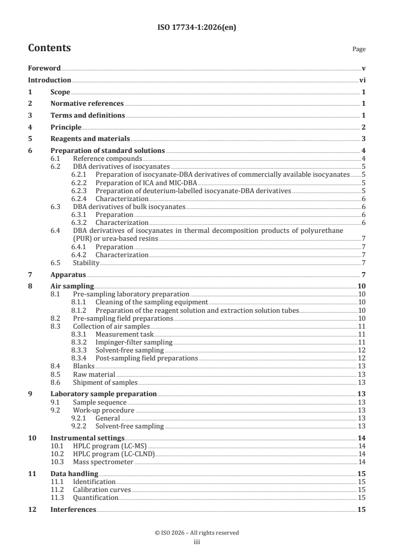 ISO 17734-1:2026 ISO 17734-1:2026 - Workplace air — Determination of organonitrogen compounds in air using liquid chromatography and mass spectrometry — Part 1: Isocyanates using dibutylamine derivatives - Page 3 preview