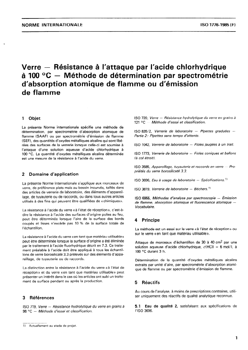 ISO 1776:1985 ISO 1776:1985 - Verre — Résistance à l'attaque par l'acide chlorhydrique à 100 degrés C — Méthode de détermination par spectrométrie d'absorption atomique de flamme ou d'émission de flamme/17/1985 - Page 3 preview