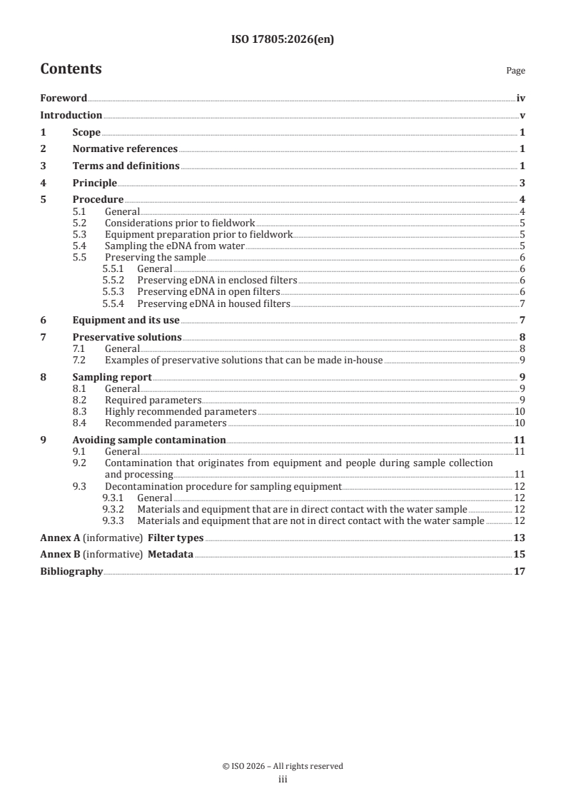 ISO 17805:2026 ISO 17805:2026 - Water quality — Sampling, capture and preservation of environmental DNA from water - Page 3 preview
