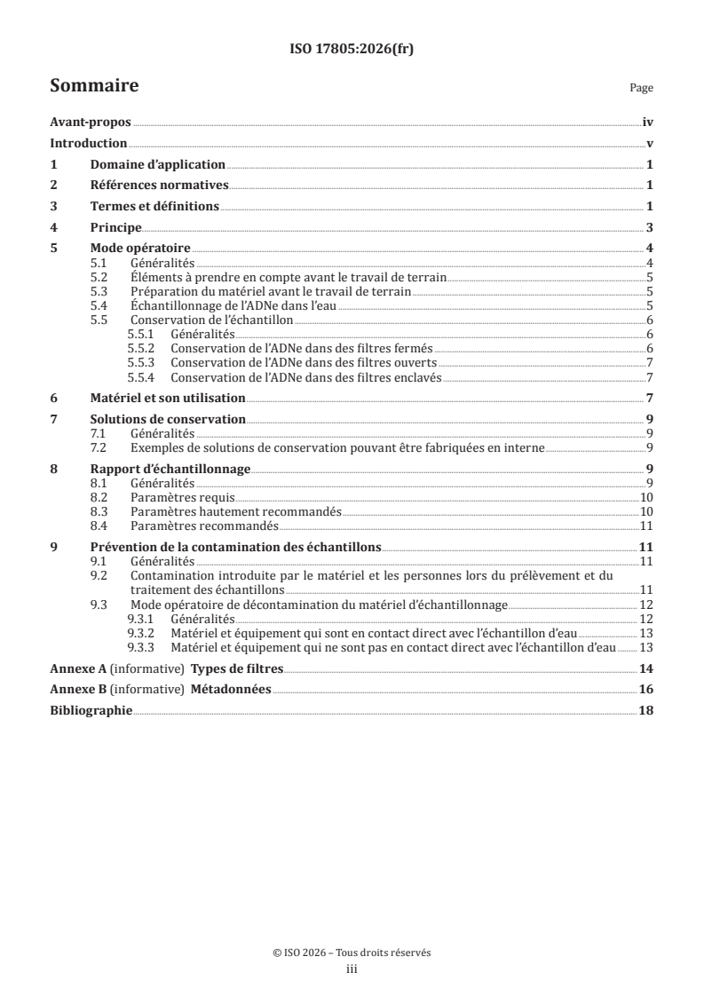 ISO 17805:2026 ISO 17805:2026 - Qualité de l'eau — Échantillonnage, collecte et conservation de l’ADN environnemental prélevé dans l’eau - Page 3 preview
