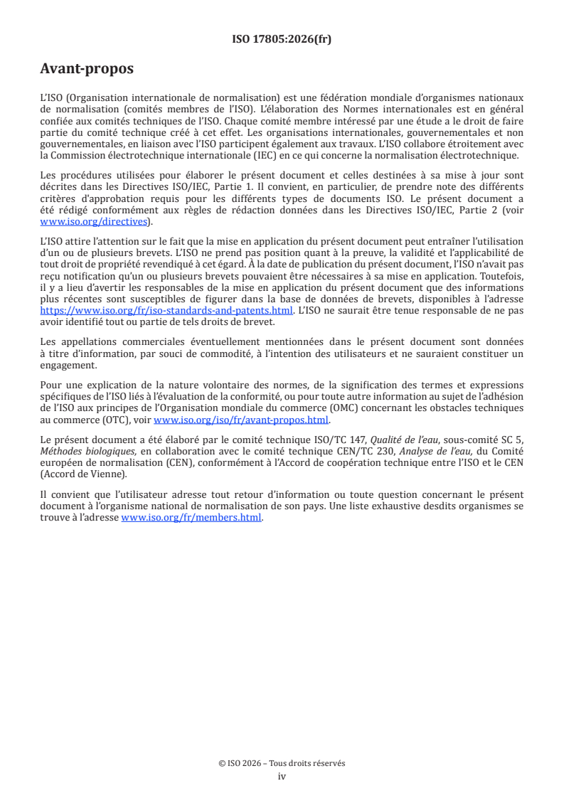 ISO 17805:2026 ISO 17805:2026 - Qualité de l'eau — Échantillonnage, collecte et conservation de l’ADN environnemental prélevé dans l’eau - Page 4 preview