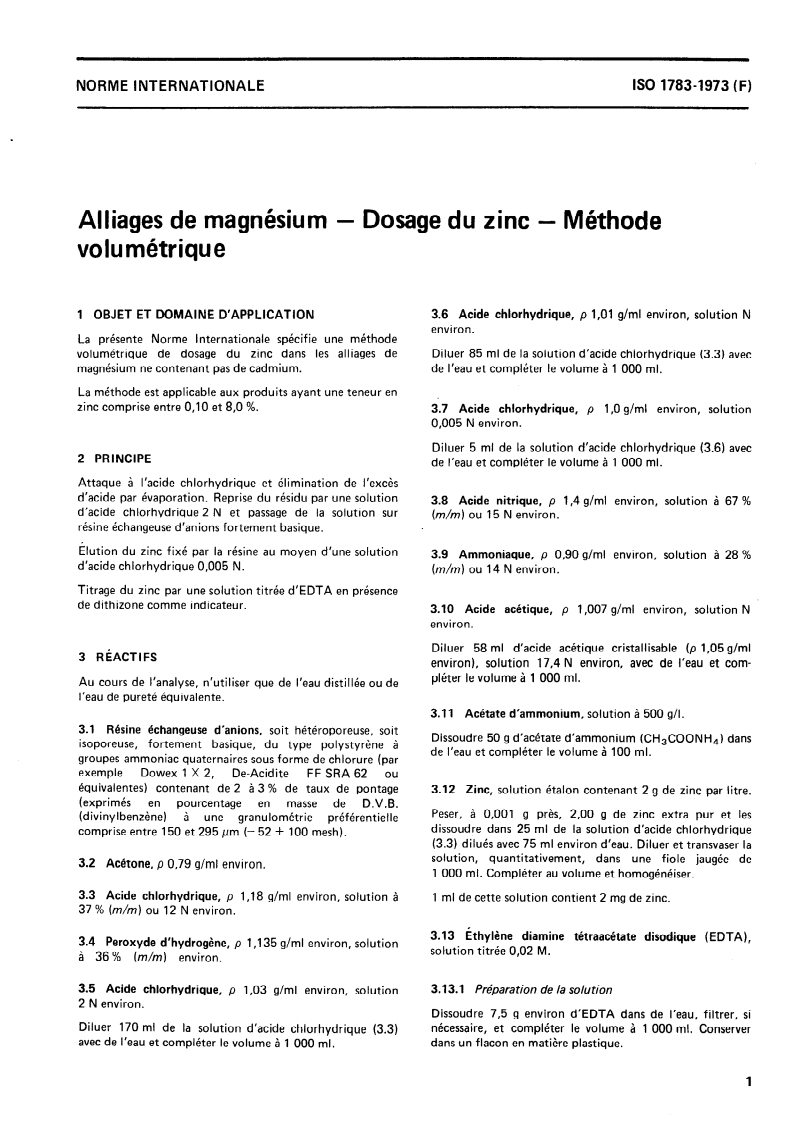 ISO 1783:1973 ISO 1783:1973 - Alliages de magnésium — Dosage du zinc — Méthode volumétrique/1/1973 - Page 3 preview