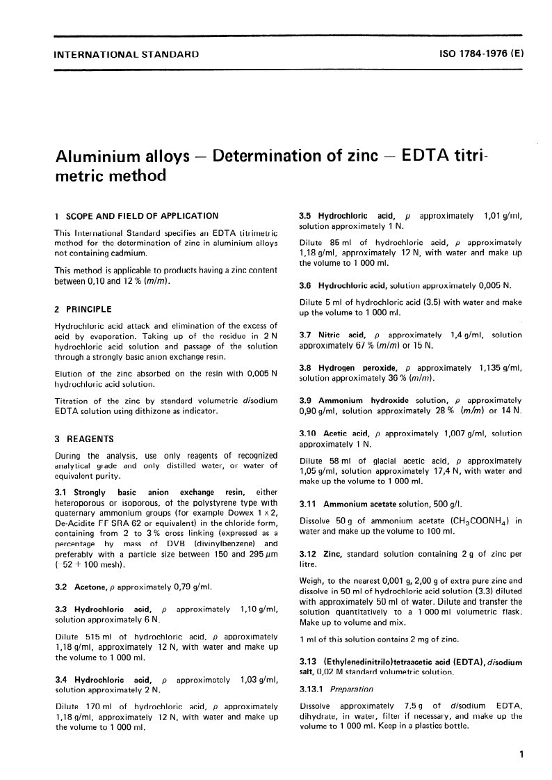 ISO 1784:1976 ISO 1784:1976 - Aluminium alloys — Determination of zinc — EDTA titrimetric method/1/1976 - Page 3 preview