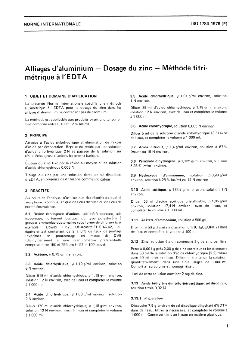 ISO 1784:1976 ISO 1784:1976 - Alliages d'aluminium — Dosage du zinc — Méthode titrimétrique à l'EDTA/1/1976 - Page 3 preview