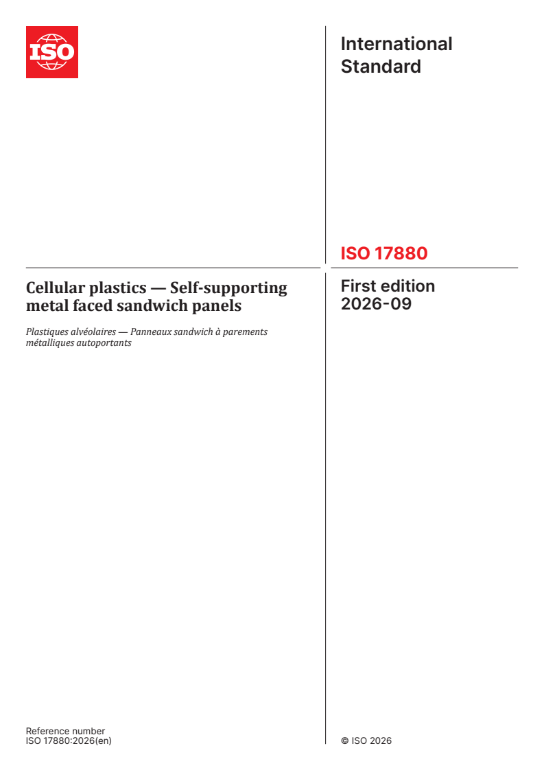 ISO 17880:2026 ISO 17880:2026 - Cellular plastics — Self-supporting metal faced sandwich panels - Page 1 preview