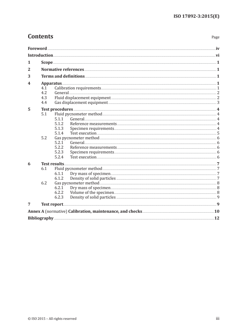 ISO 17892-3:2015 ISO 17892-3:2015 - Geotechnical investigation and testing — Laboratory testing of soil — Part 3: Determination of particle density/11/2015 - Page 3 preview