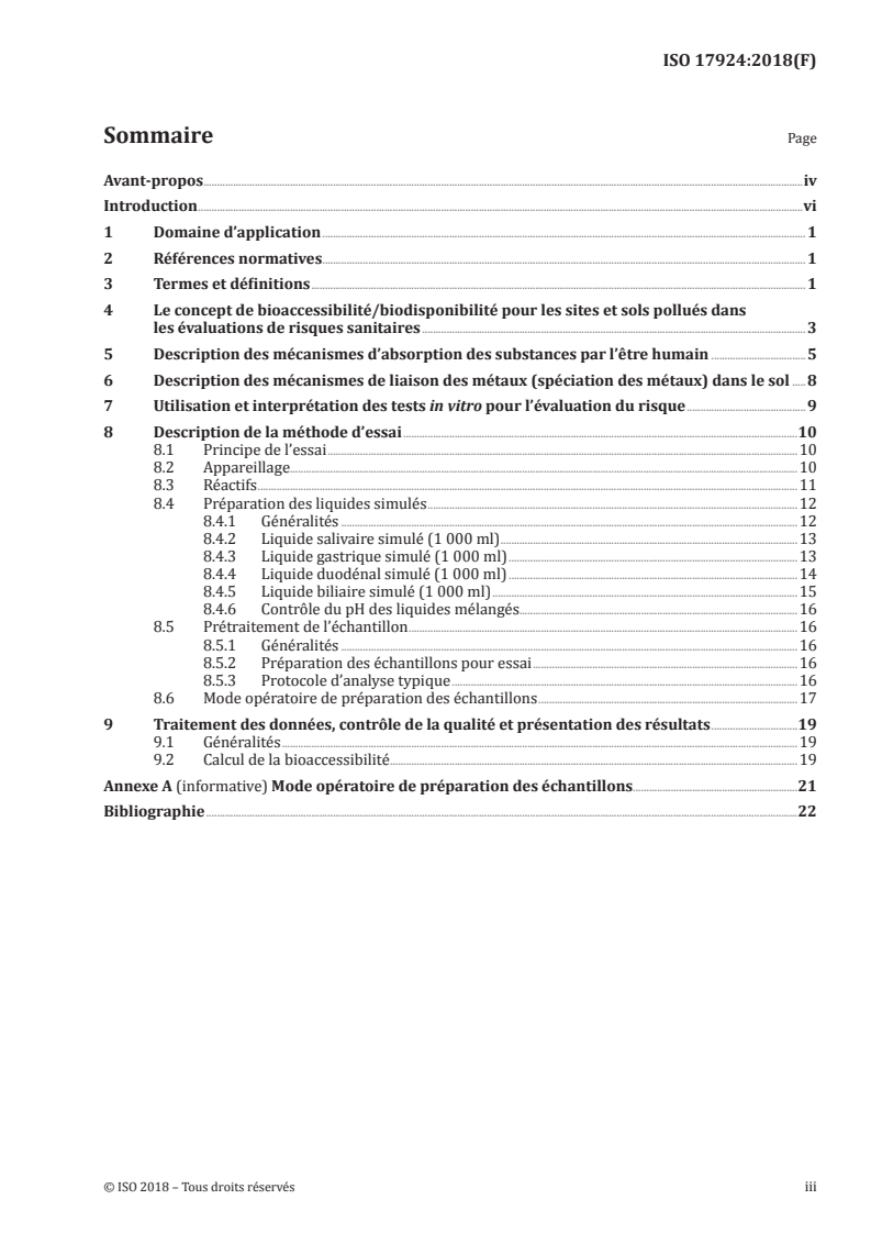 ISO 17924:2018 ISO 17924:2018 - Qualité du sol — Évaluation de l'exposition humaine par ingestion de sol et de matériaux du sol — Mode opératoire pour l'estimation de la bioaccessibilité/biodisponibilité pour l'homme de métaux dans le sol
Released:9/3/2021 - Page 3 preview