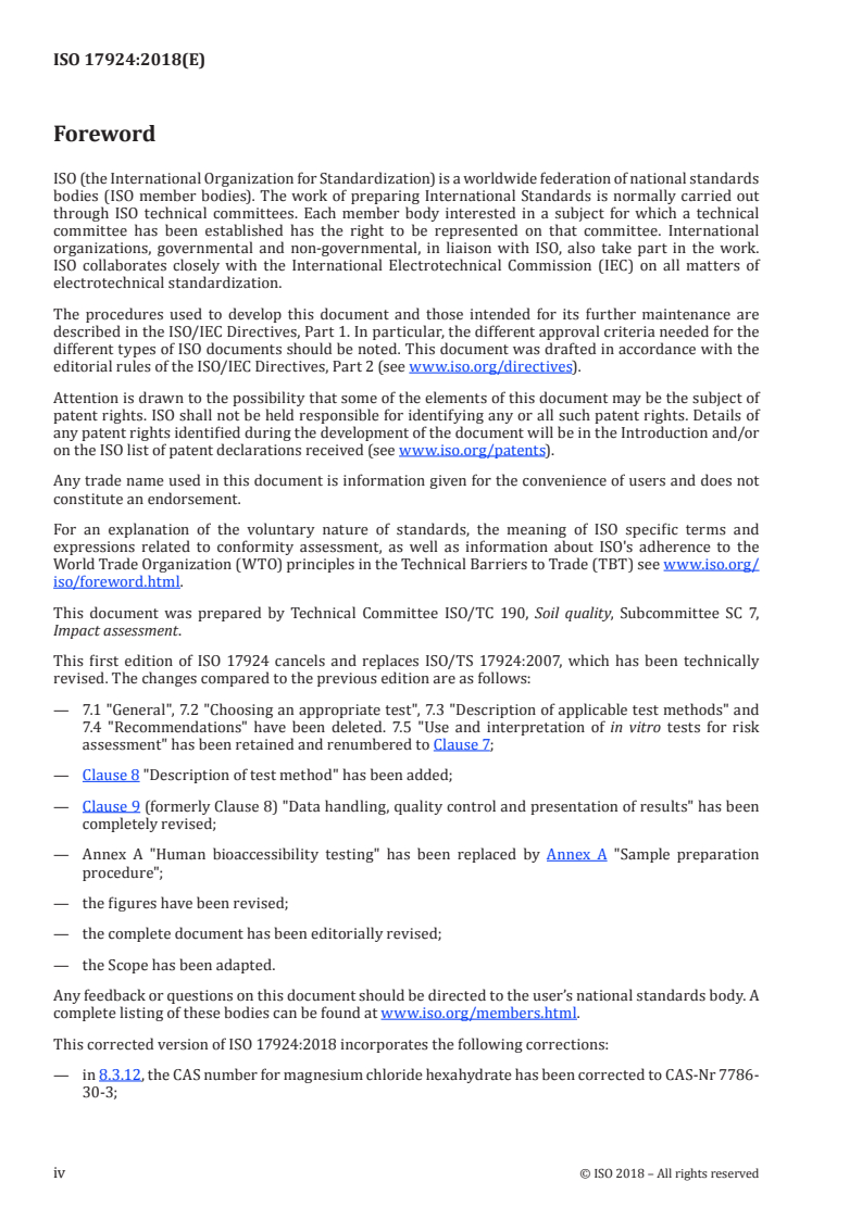 ISO 17924:2018 ISO 17924:2018 - Soil quality — Assessment of human exposure from ingestion of soil and soil material — Procedure for the estimation of the human bioaccessibility/bioavailability of metals in soil
Released:9/3/2021 - Page 4 preview