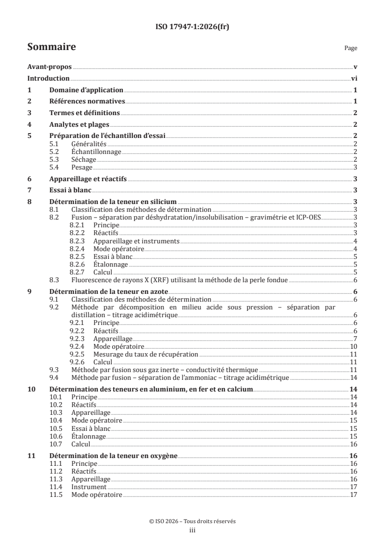 ISO 17947-1:2026 ISO 17947-1:2026 - Céramiques techniques — Méthodes pour l’analyse chimique de poudres de nitrure de silicium — Partie 1: Méthodes chimiques par voie humide, fluorescence de rayons X (XRF) utilisant la méthode de la perle fondue, extraction à chaud sous gaz vecteur (CGHE) et méthodes de combustion - Page 3 preview