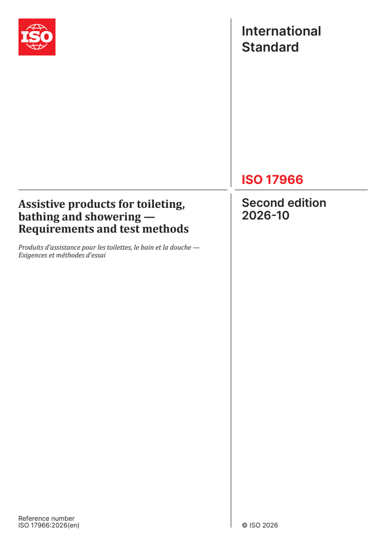 ISO 17966:2026 ISO 17966:2026 - Assistive products for toileting, bathing and showering — Requirements and test methods - Page 1 preview