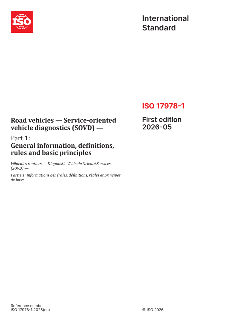 ISO 17978-1:2026 ISO 17978-1:2026 - Road vehicles — Service-oriented vehicle diagnostics (SOVD) — Part 1: General information, definitions, rules and basic principles - Page 1 preview