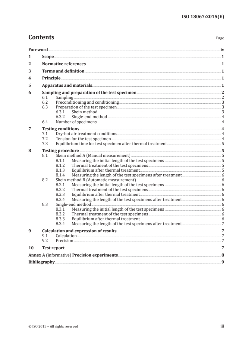 ISO 18067:2015 ISO 18067:2015 - Textiles — Synthetic filament yarns — Determination of shrinkage in dry-hot air (after treatment)/21/2015 - Page 3 preview