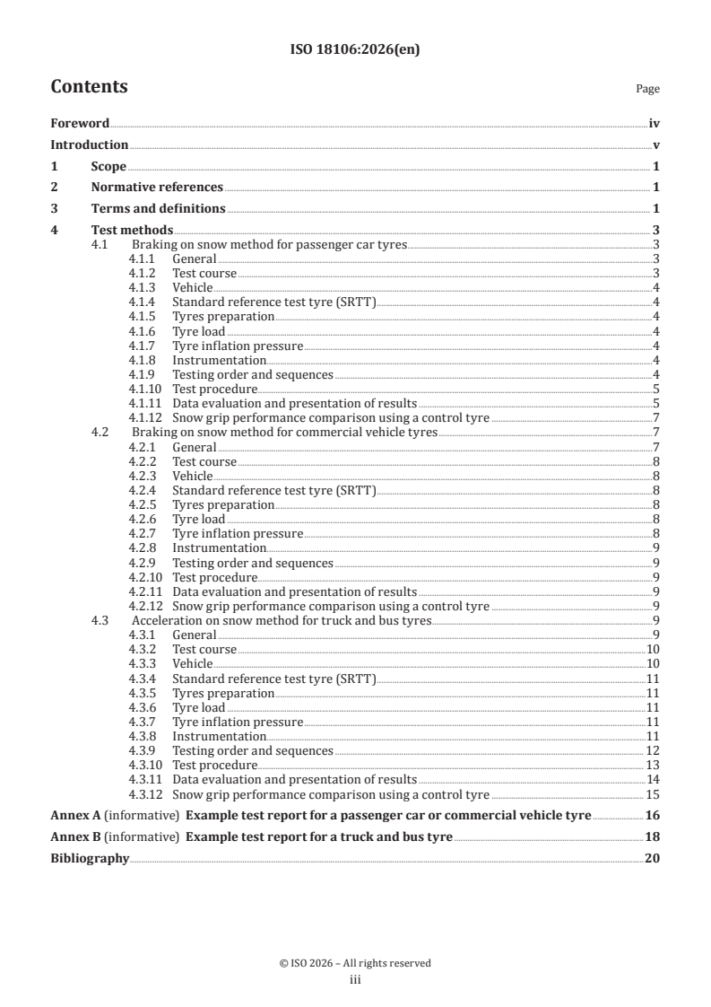ISO 18106:2026 ISO 18106:2026 - Passenger car, commercial vehicle, truck and bus tyres — Methods for measuring snow grip performance — Loaded new tyres - Page 3 preview