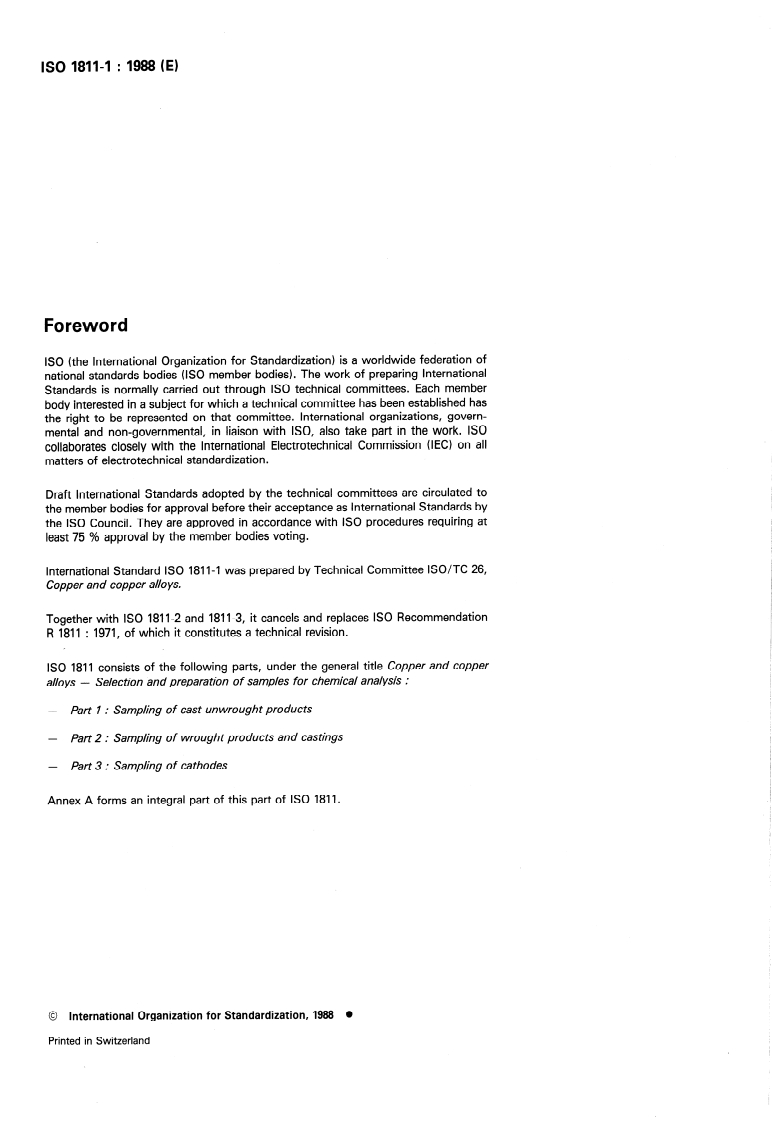 ISO 1811-1:1988 ISO 1811-1:1988 - Copper and copper alloys — Selection and preparation of samples for chemical analysis — Part 1: Sampling of cast unwrought products/22/1988 - Page 2 preview