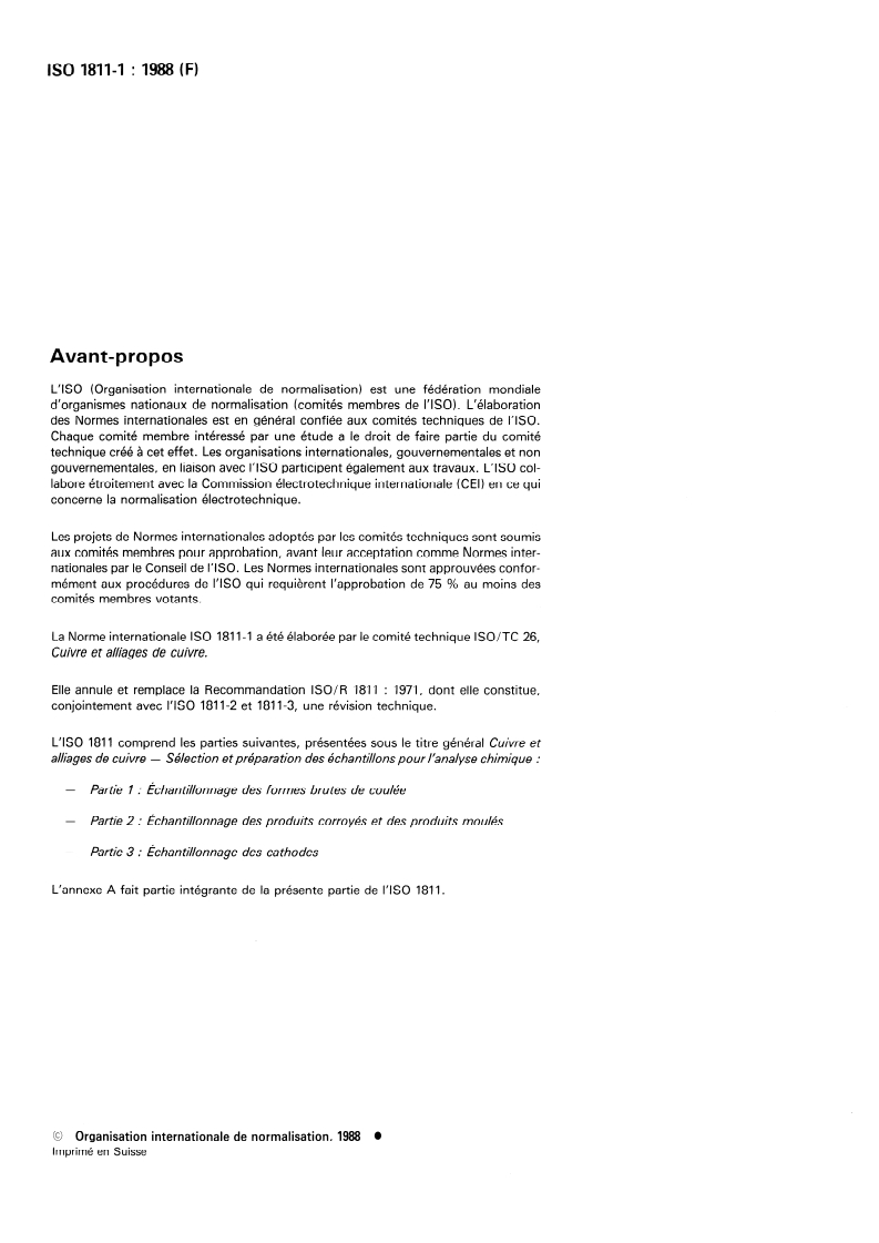 ISO 1811-1:1988 ISO 1811-1:1988 - Cuivre et alliages de cuivre — Sélection et préparation des échantillons pour l'analyse chimique — Partie 1: Échantillonnage des formes brutes de coulée/22/1988 - Page 2 preview