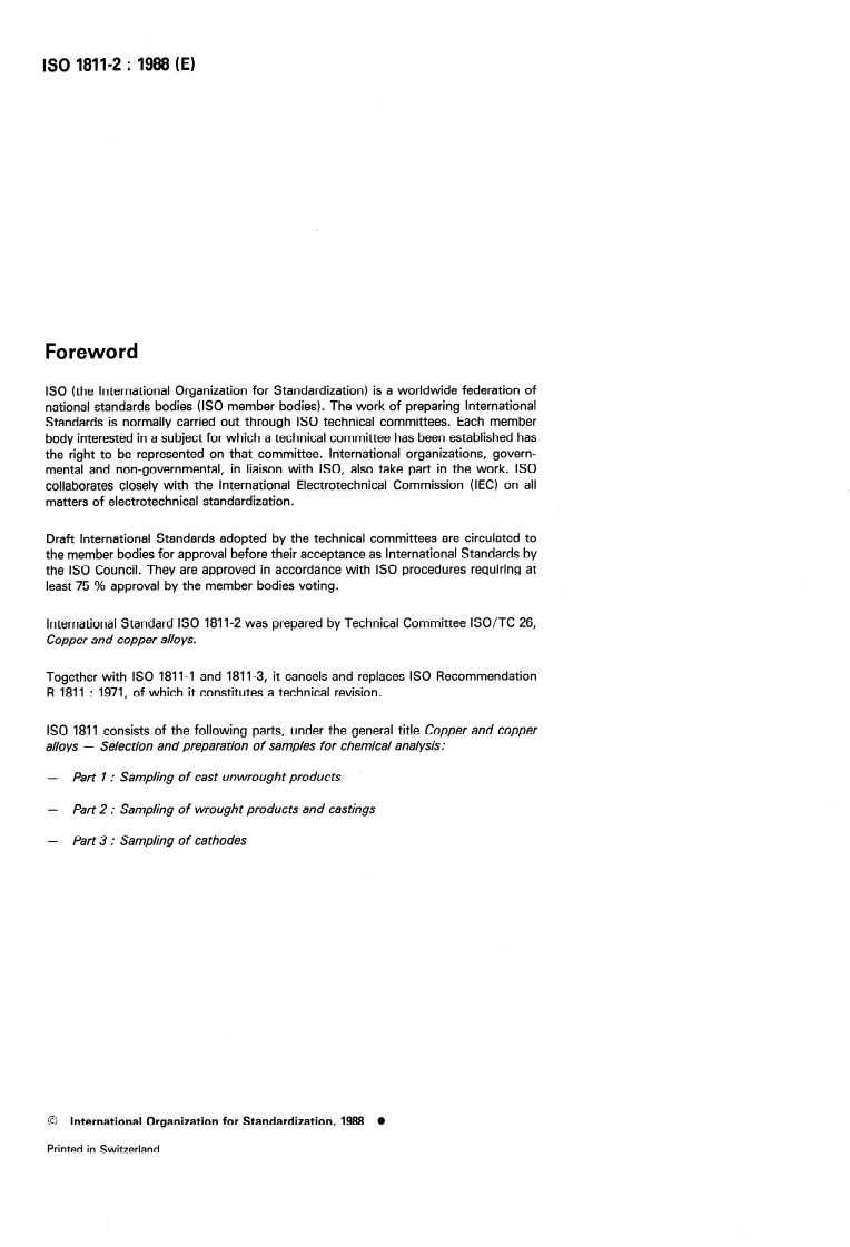 ISO 1811-2:1988 ISO 1811-2:1988 - Copper and copper alloys — Selection and preparation of samples for chemical analysis — Part 2: Sampling of wrought products and castings/22/1988 - Page 2 preview