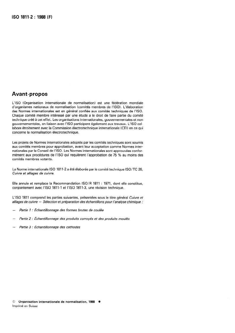 ISO 1811-2:1988 ISO 1811-2:1988 - Cuivre et alliages de cuivre — Sélection et préparation des échantillons pour l'analyse chimique — Partie 2: Échantillonnage des produits corroyés et des produits moulés/22/1988 - Page 2 preview