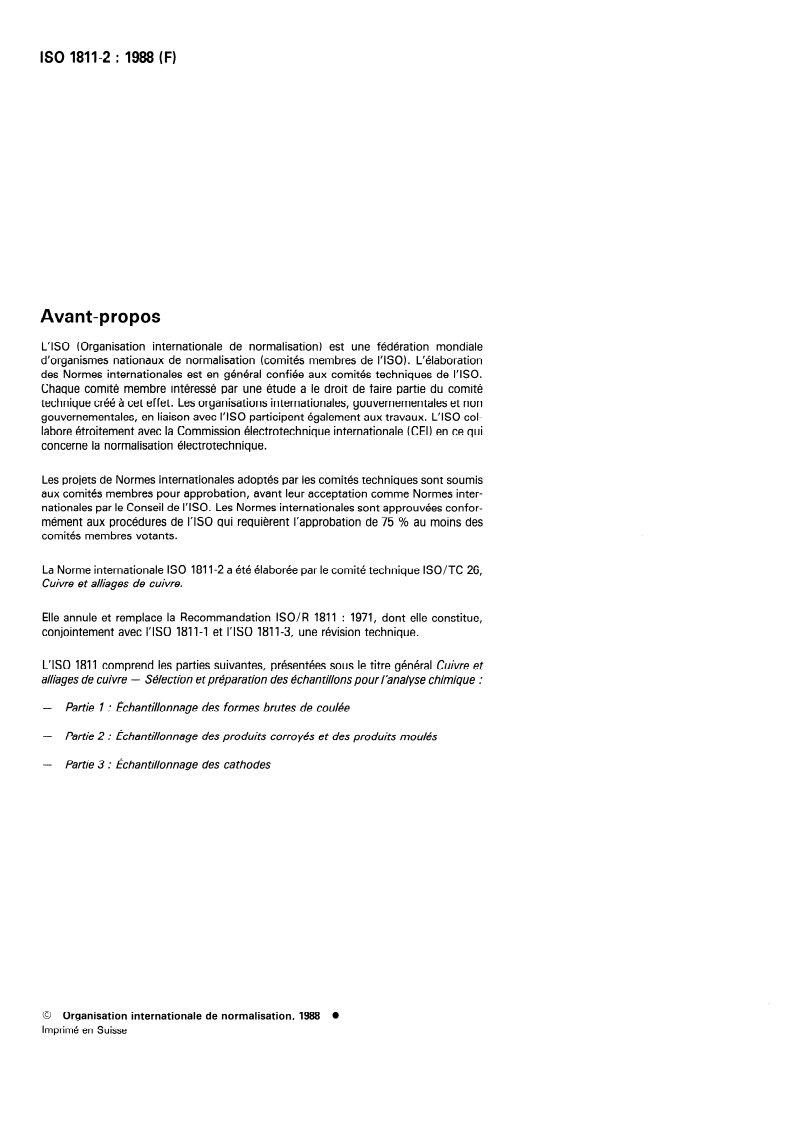 ISO 1811-2:1988 ISO 1811-2:1988 - Cuivre et alliages de cuivre — Sélection et préparation des échantillons pour l'analyse chimique — Partie 2: Échantillonnage des produits corroyés et des produits moulés/22/1988 - Page 2 preview