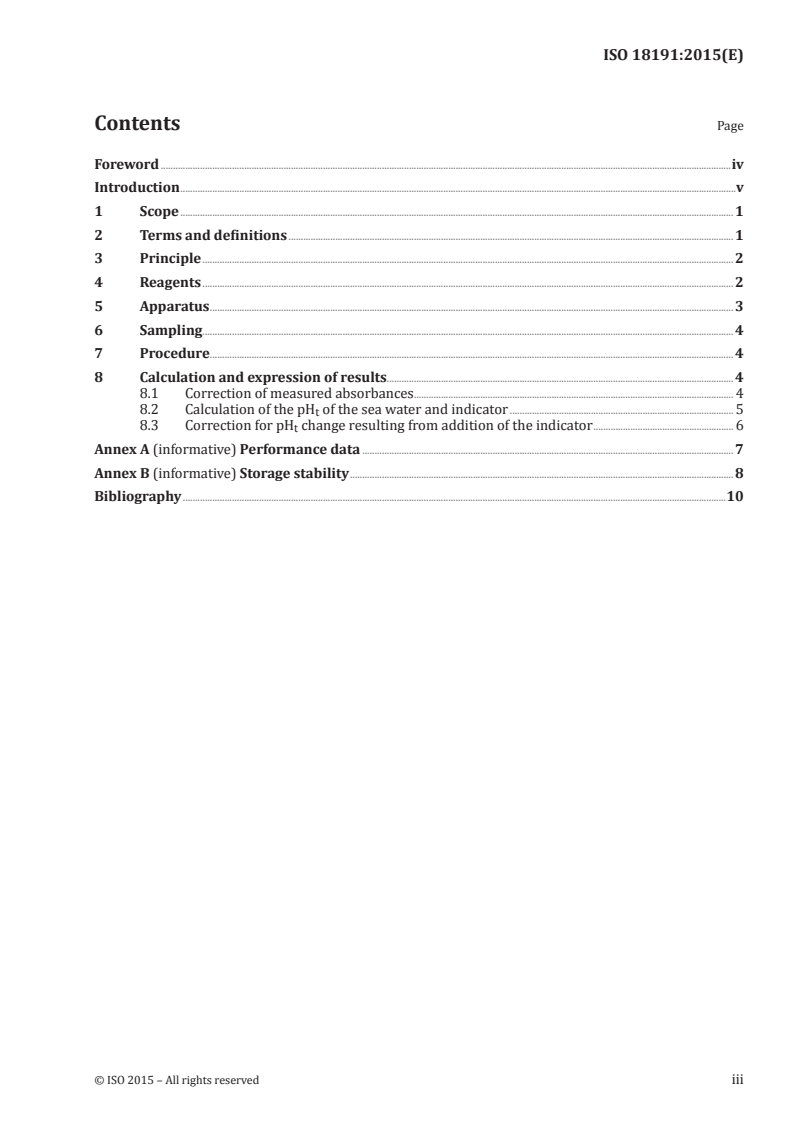 ISO 18191:2015 ISO 18191:2015 - Water quality — Determination of pHt in sea water — Method using the indicator dye m-cresol purple/1/2015 - Page 3 preview