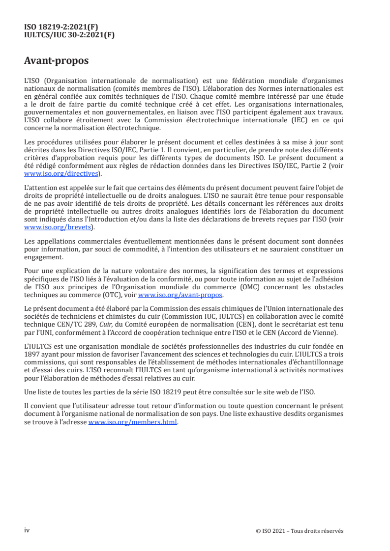 ISO 18219-2:2021 ISO 18219-2:2021 - Cuir — Dosage des hydrocarbures chlorés dans le cuir — Partie 2: Méthode chromatographique pour les paraffines chlorées à chaîne moyenne (PCCM)
Released:10/8/2021 - Page 4 preview