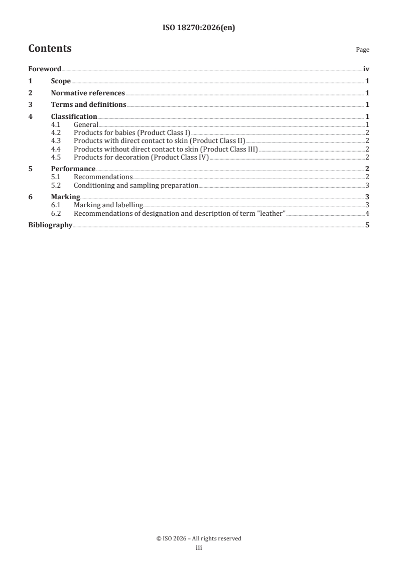 ISO 18270:2026 ISO 18270:2026 - Classification and performance guidelines for leather upholstered products
Released:29. 01. 2026 - Page 3 preview