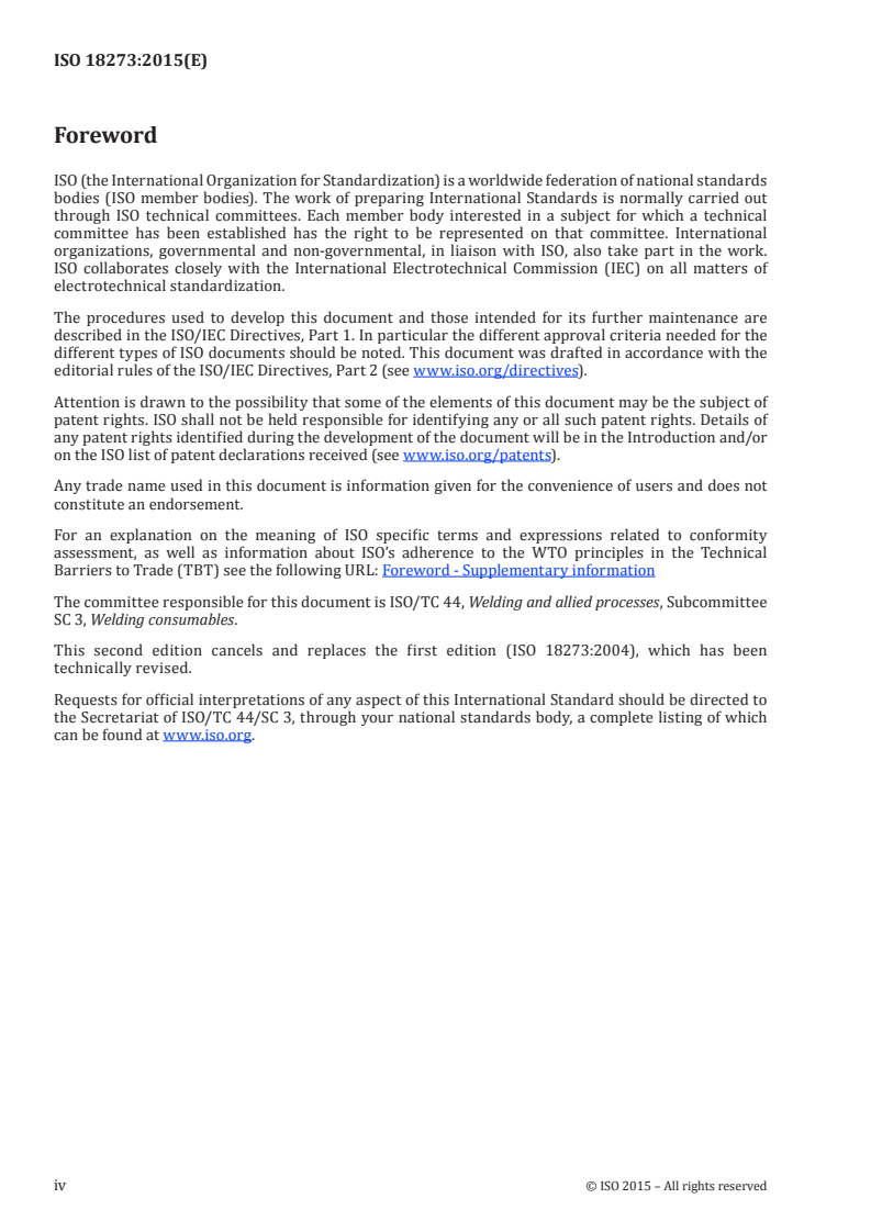 ISO 18273:2015 ISO 18273:2015 - Welding consumables — Wire electrodes, wires and rods for welding of aluminium and aluminium alloys — Classification/17/2015 - Page 4 preview