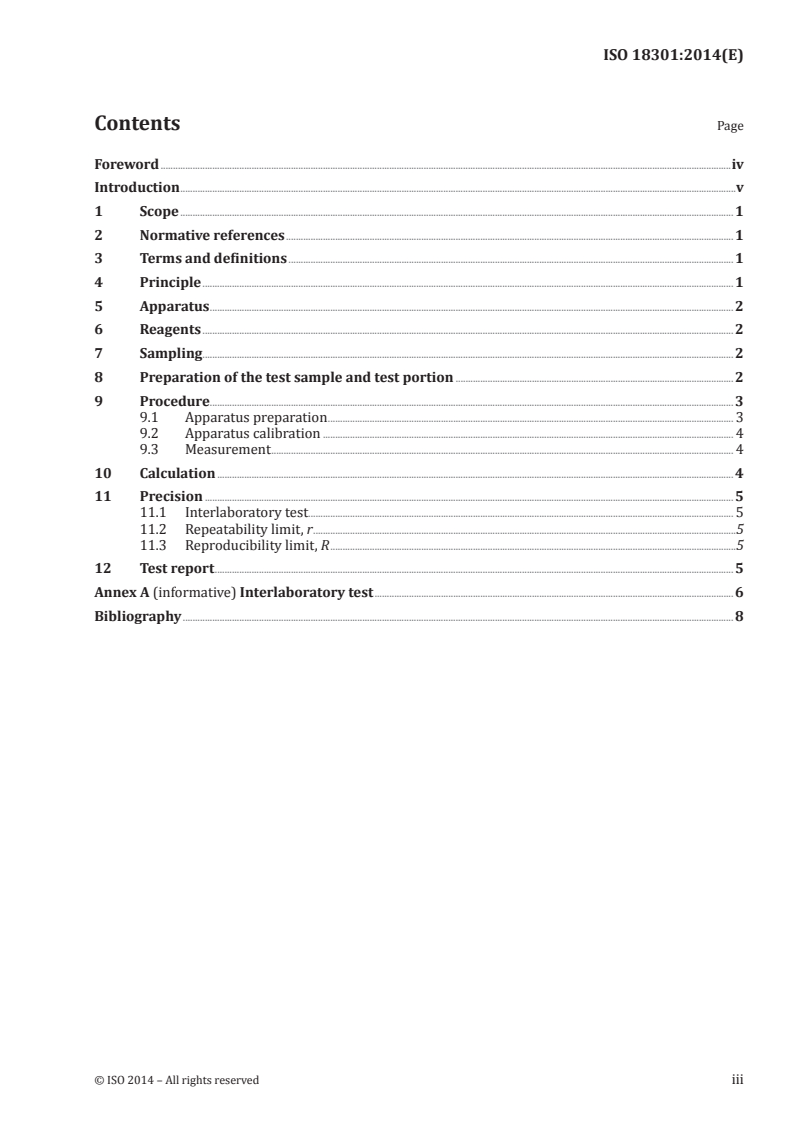 ISO 18301:2014 ISO 18301:2014 - Animal and vegetable fats and oils — Determination of conventional mass per volume (litre weight in air) — Oscillating U-tube method/28/2014 - Page 3 preview
