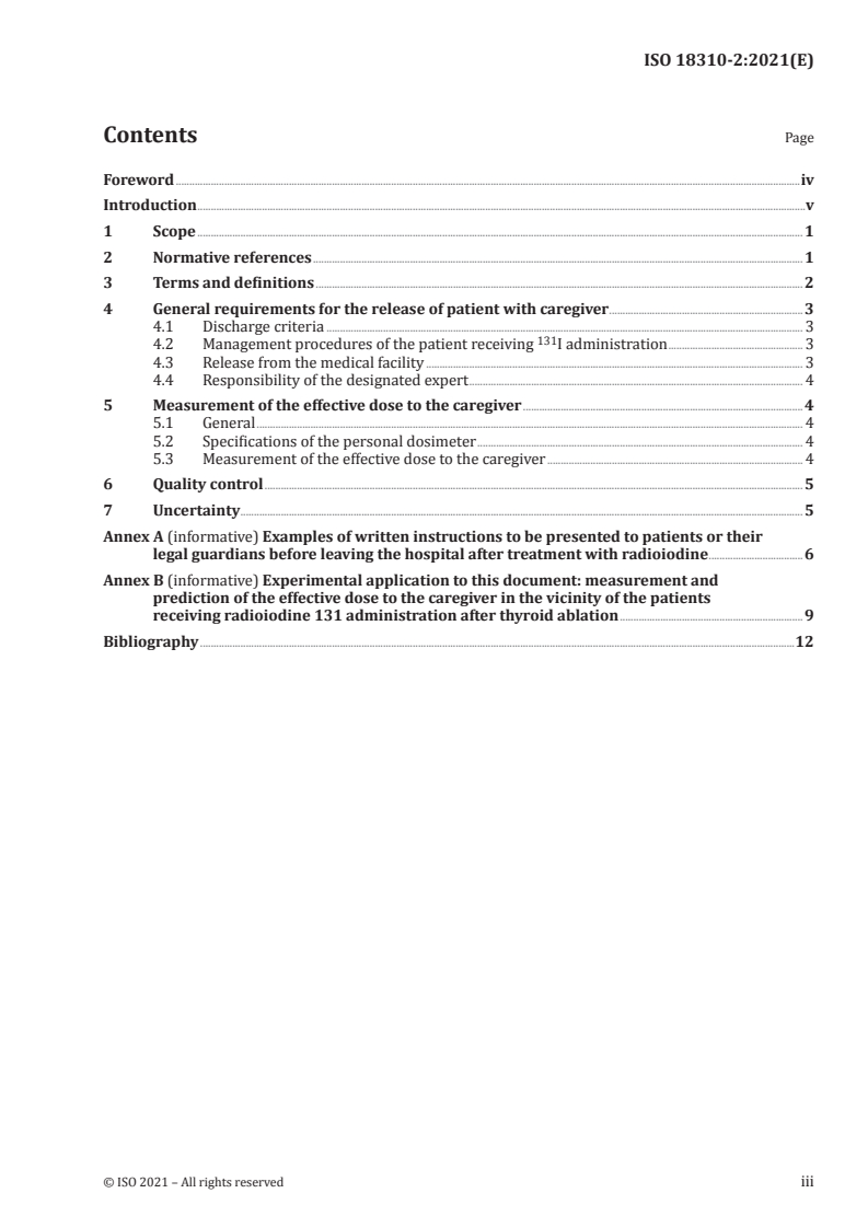 ISO 18310-2:2021 ISO 18310-2:2021 - Measurement and prediction of the ambient dose equivalent from patients receiving iodine 131 administration after thyroid ablation — Part 2: External effective dose of the caregivers after release from the hospital/10/2021 - Page 3 preview