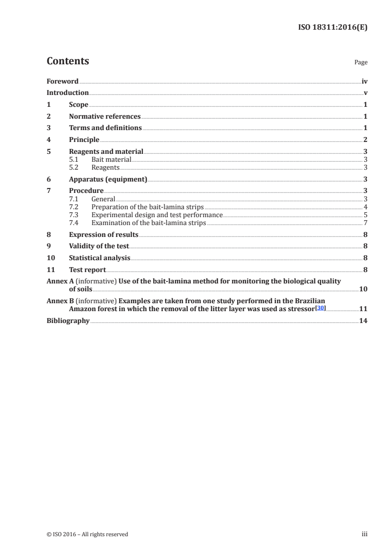 ISO 18311:2016 ISO 18311:2016 - Soil quality — Method for testing effects of soil contaminants on the feeding activity of soil dwelling organisms — Bait-lamina test/15/2016 - Page 3 preview