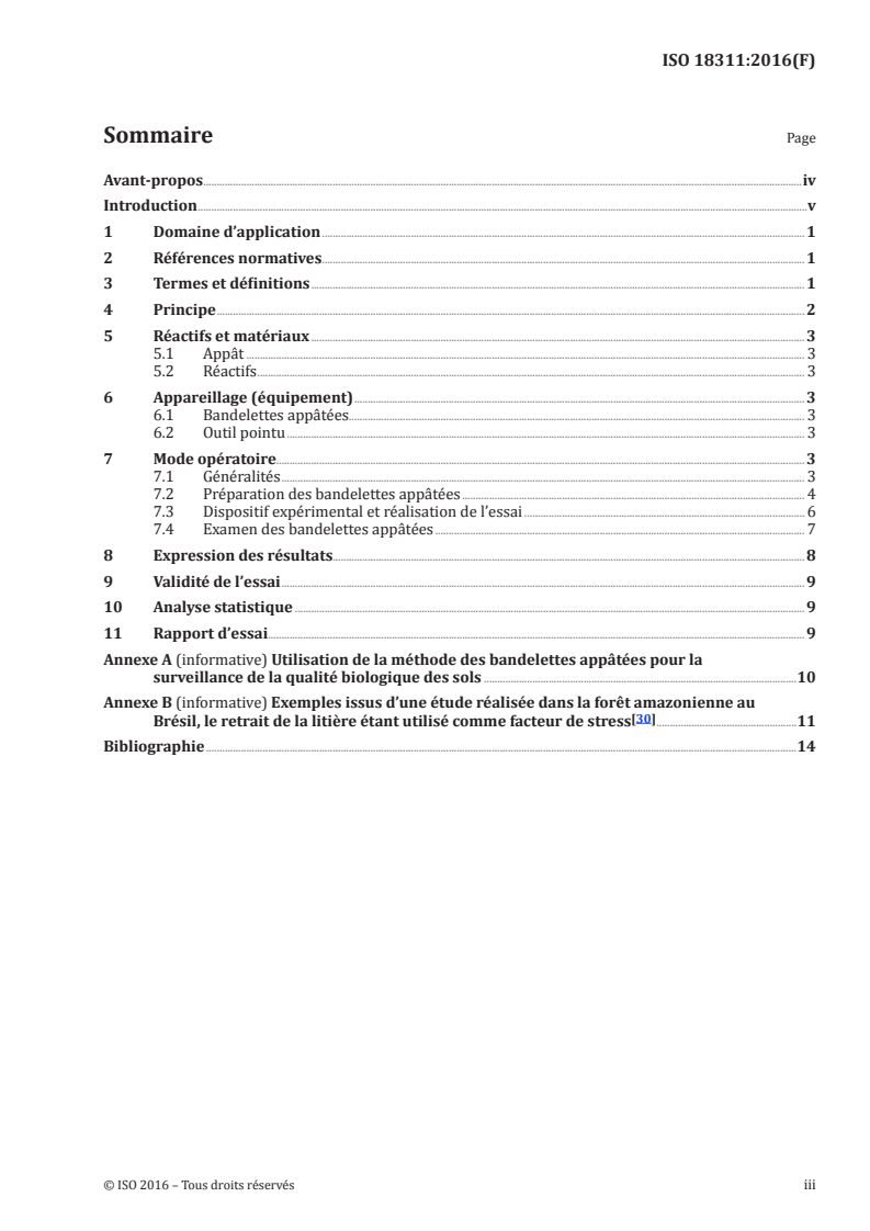 ISO 18311:2016 ISO 18311:2016 - Qualité du sol — Méthode pour tester les effets des contaminants du sol sur l'activité alimentaire des organismes vivant dans le sol — Test Bait-lamina/15/2016 - Page 3 preview