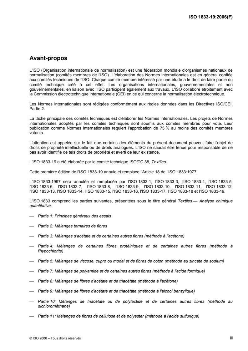 ISO 1833-19:2006 ISO 1833-19:2006 - Textiles — Analyse chimique quantitative — Partie 19: Mélanges de fibres de cellulose et d'amiante (méthode par chauffage)/2/2006 - Page 3 preview