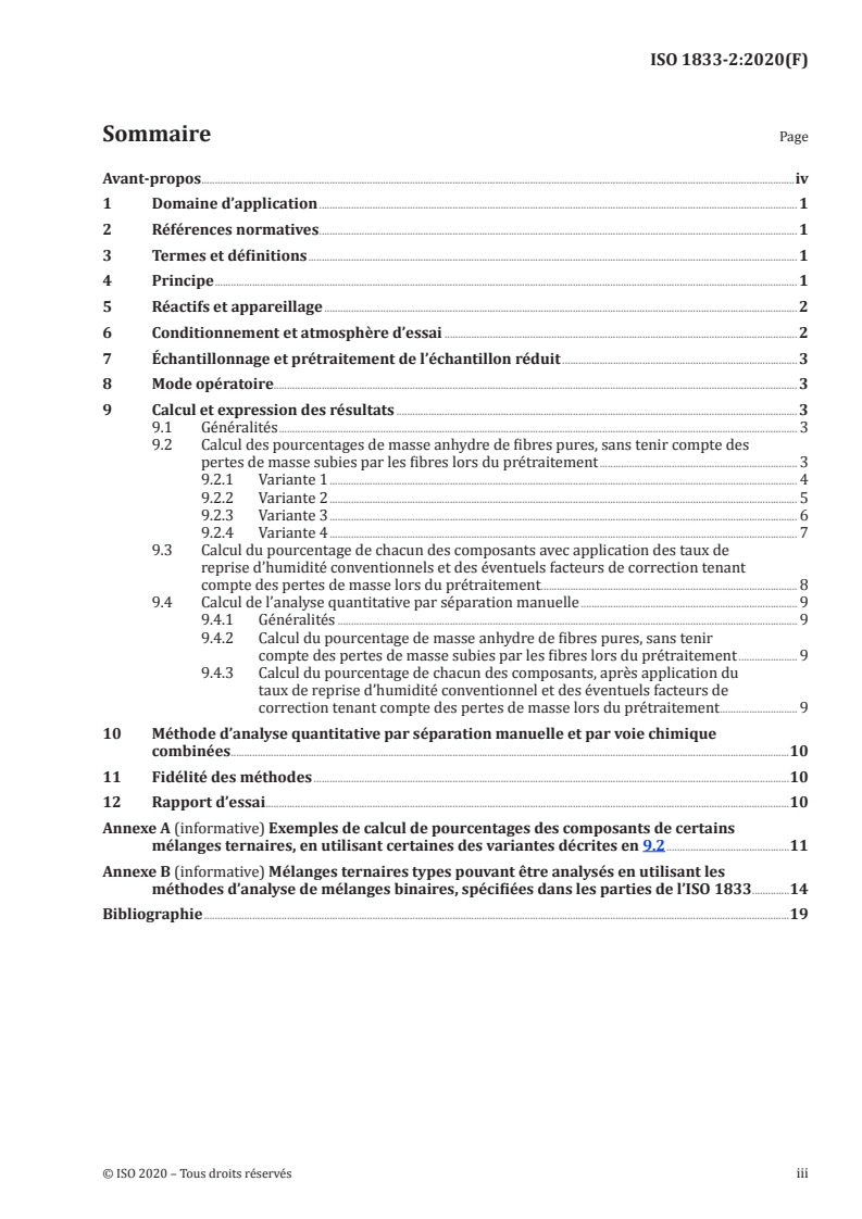 ISO 1833-2:2020 ISO 1833-2:2020 - Textiles — Analyse chimique quantitative — Partie 2: Mélanges ternaires de fibres/5/2020 - Page 3 preview
