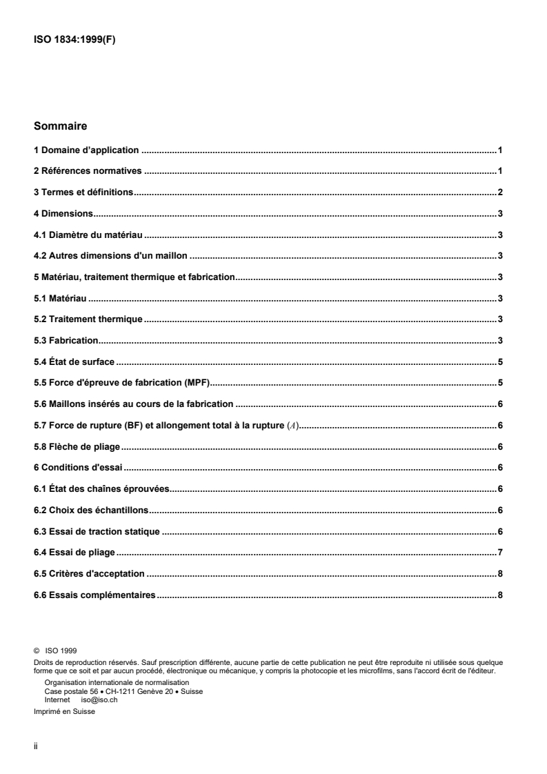 ISO 1834:1999 ISO 1834:1999 - Chaînes de levage à maillons courts — Conditions générales de réception/14/1999 - Page 2 preview