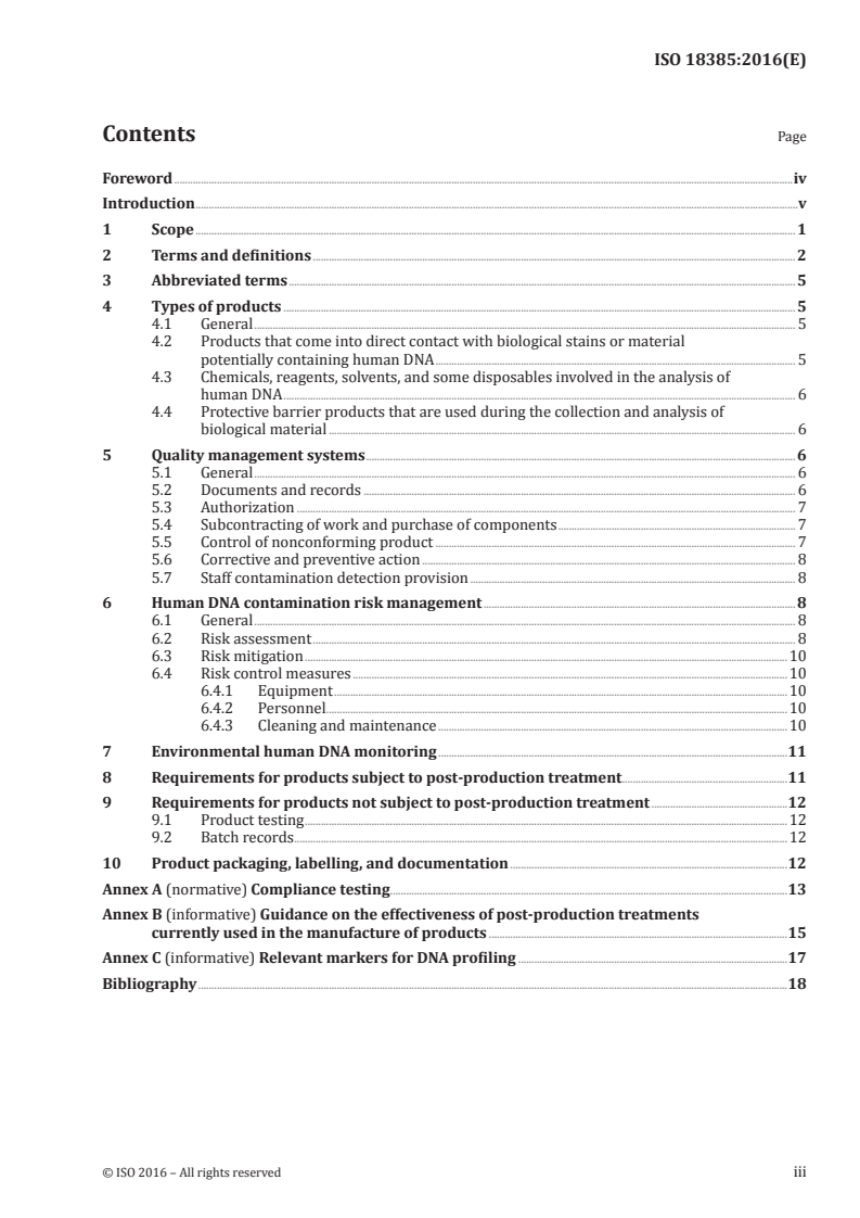 ISO 18385:2016 ISO 18385:2016 - Minimizing the risk of human DNA contamination in products used to collect, store and analyze biological material for forensic purposes — Requirements/28/2016 - Page 3 preview