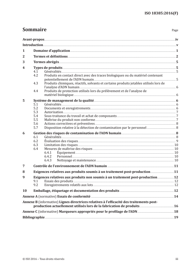 ISO 18385:2016 ISO 18385:2016 - Réduire le plus possible le risque de contamination de l'ADN dans les produits utilisés pour recueillir, stocker et analyser du matériel biologique en criminalistique — Exigences/6/2016 - Page 3 preview