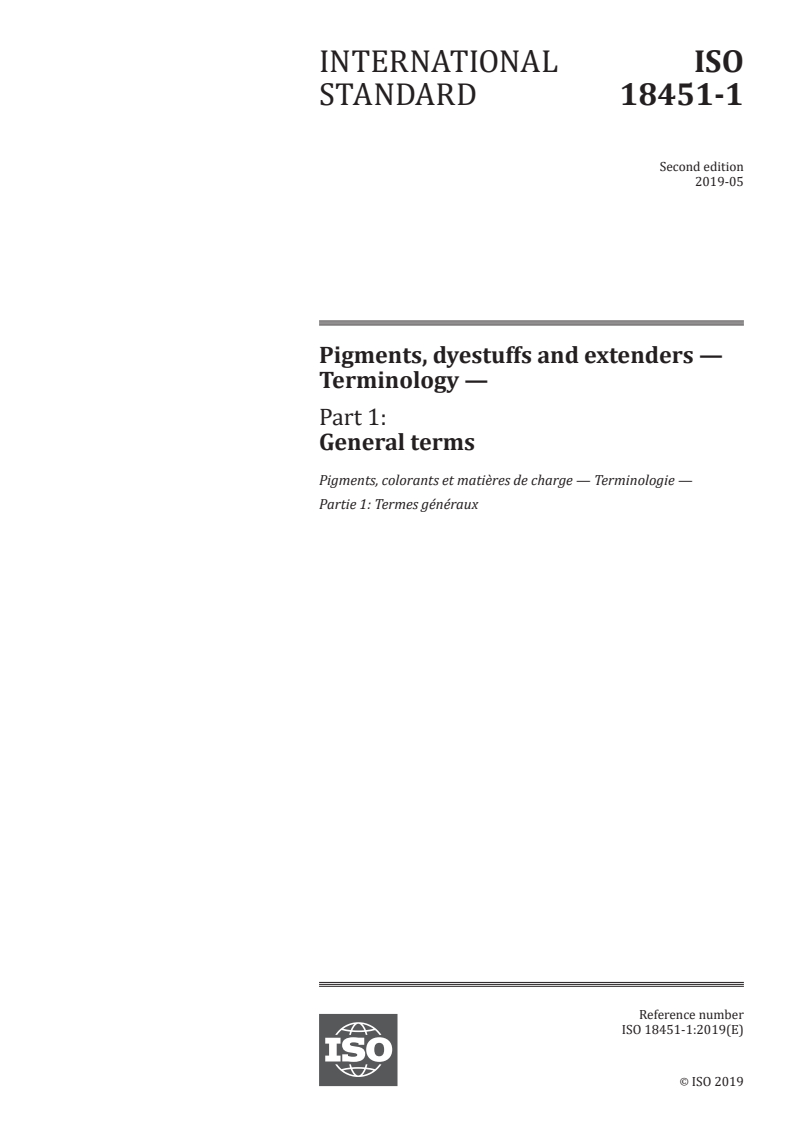 ISO 18451-1:2019 ISO 18451-1:2019 - Pigments, dyestuffs and extenders — Terminology — Part 1: General terms/30/2019 - Page 1 preview