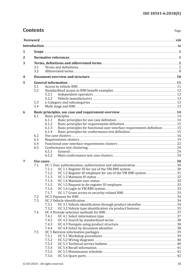 ISO 18541-6:2018 ISO 18541-6:2018 - Road vehicles — Standardized access to automotive repair and maintenance information (RMI) — Part 6: L-Category vehicle specific RMI use cases and requirements/4/2018 - Page 3 preview