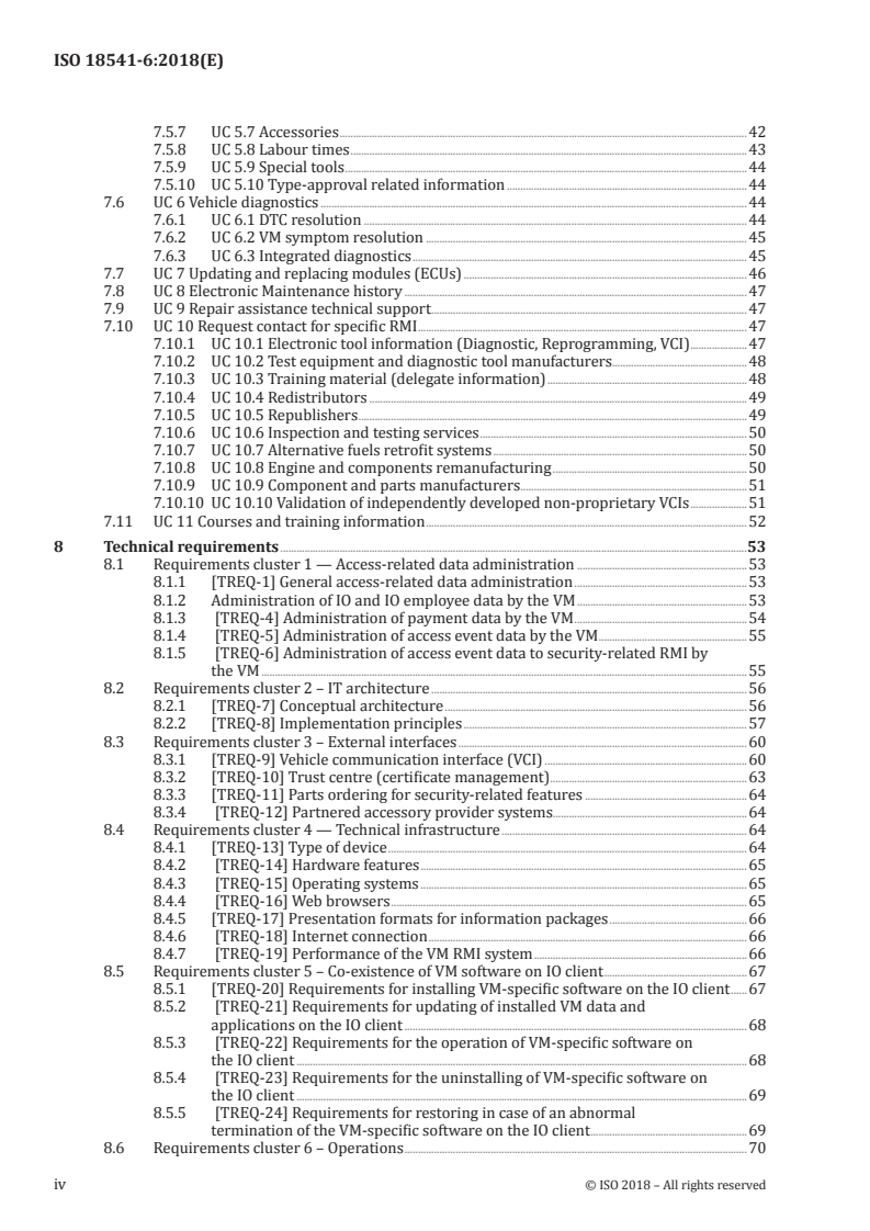 ISO 18541-6:2018 ISO 18541-6:2018 - Road vehicles — Standardized access to automotive repair and maintenance information (RMI) — Part 6: L-Category vehicle specific RMI use cases and requirements/4/2018 - Page 4 preview