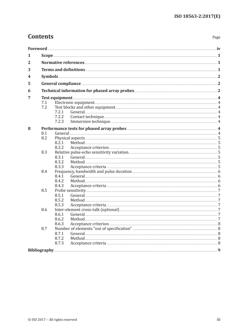 ISO 18563-2:2017 ISO 18563-2:2017 - Non-destructive testing — Characterization and verification of ultrasonic phased array equipment — Part 2: Probes/24/2017 - Page 3 preview