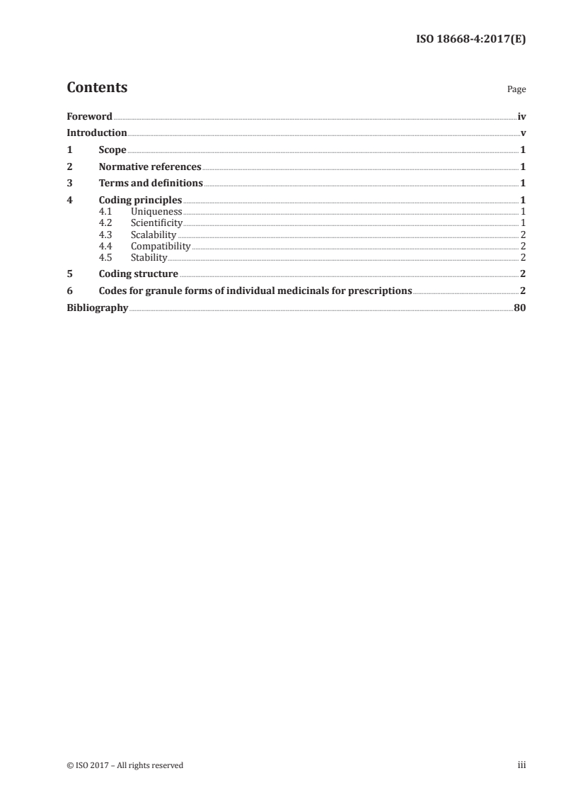 ISO 18668-4:2017 ISO 18668-4:2017 - Traditional Chinese medicine — Coding system for Chinese medicines — Part 4: Codes for granule forms of individual medicinals for prescriptions/6/2017 - Page 3 preview