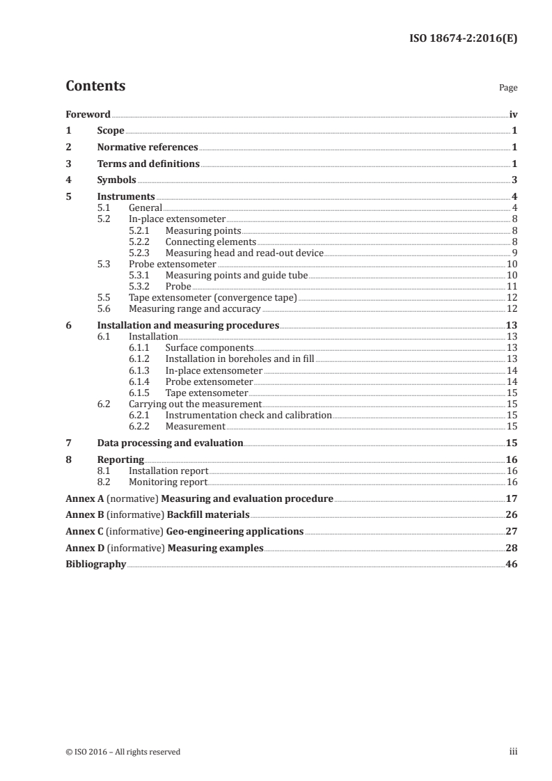 ISO 18674-2:2016 ISO 18674-2:2016 - Geotechnical investigation and testing — Geotechnical monitoring by field instrumentation — Part 2: Measurement of displacements along a line: Extensometers/19/2016 - Page 3 preview