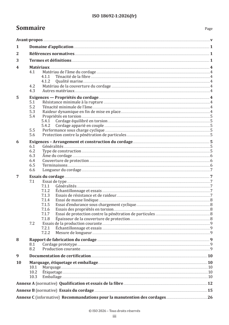 ISO 18692-1:2026 ISO 18692-1:2026 - Cordages en fibres pour le maintien en position des structures marines — Partie 1: Spécification générale - Page 3 preview