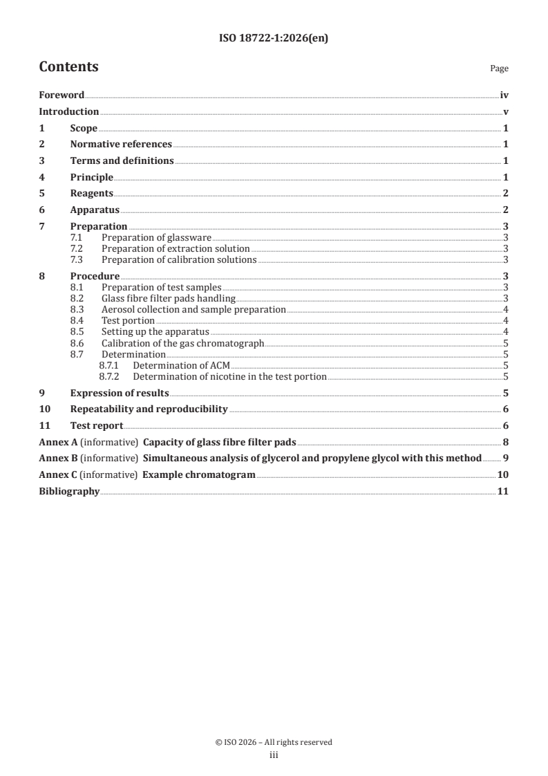 ISO 18722-1:2026 ISO 18722-1:2026 - Tobacco heating systems — Determination of aerosol collected mass and nicotine in the aerosol with a puffing regime according to the ISO 5501 series — Part 1: Electrically heated tobacco products (eHTPs) - Page 3 preview