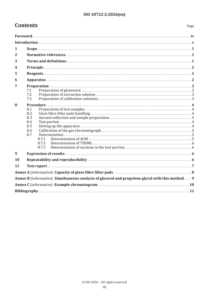 ISO 18722-2:2026 ISO 18722-2:2026 - Tobacco heating systems — Determination of aerosol collected mass and nicotine in the aerosol with a puffing regime according to the ISO 5501 series — Part 2: Aerosol heated tobacco products (aHTPs) - Page 3 preview