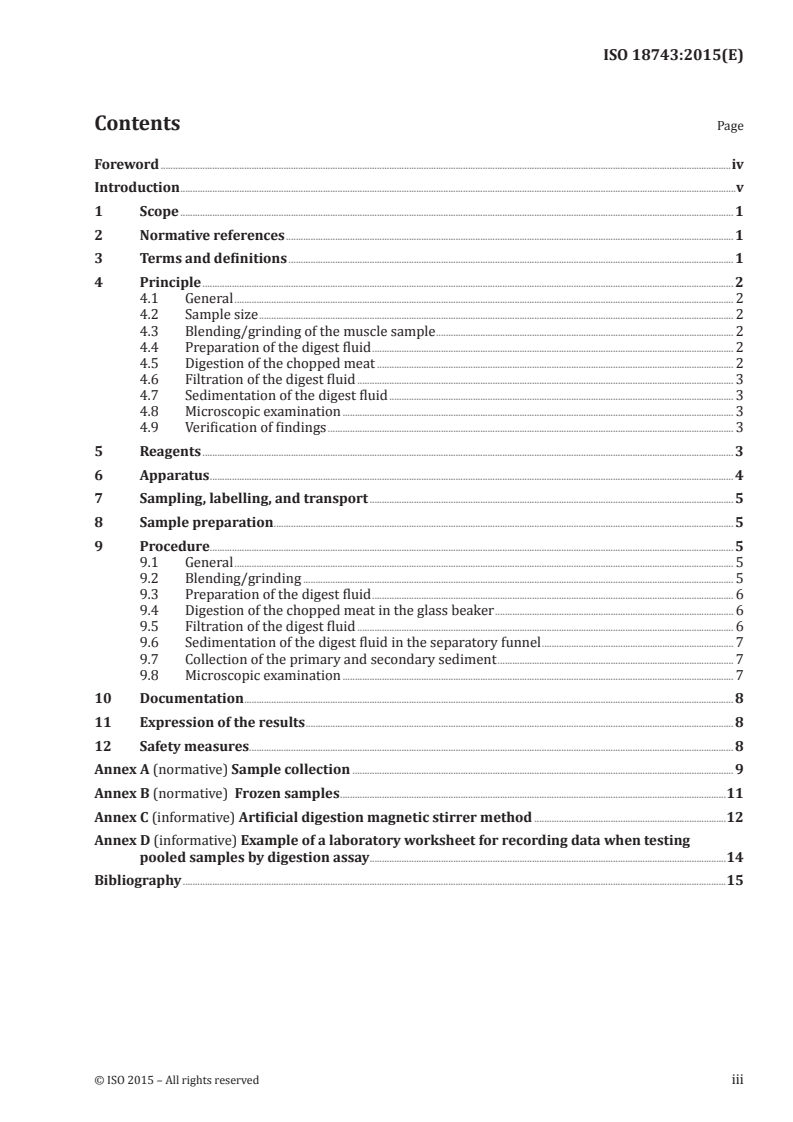 ISO 18743:2015 ISO 18743:2015 - Microbiology of the food chain — Detection of Trichinella larvae in meat by artificial digestion method/11/2015 - Page 3 preview