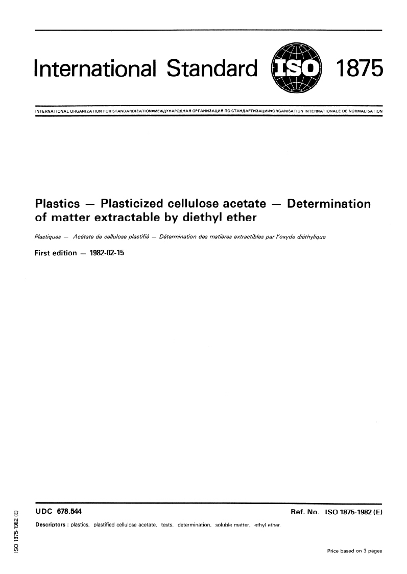 SIST ISO 1875:1996 ISO 1875:1982 - Plastics — Plasticized cellulose acetate — Determination of matter extractable by diethyl ether/1/1982 - Page 1 preview