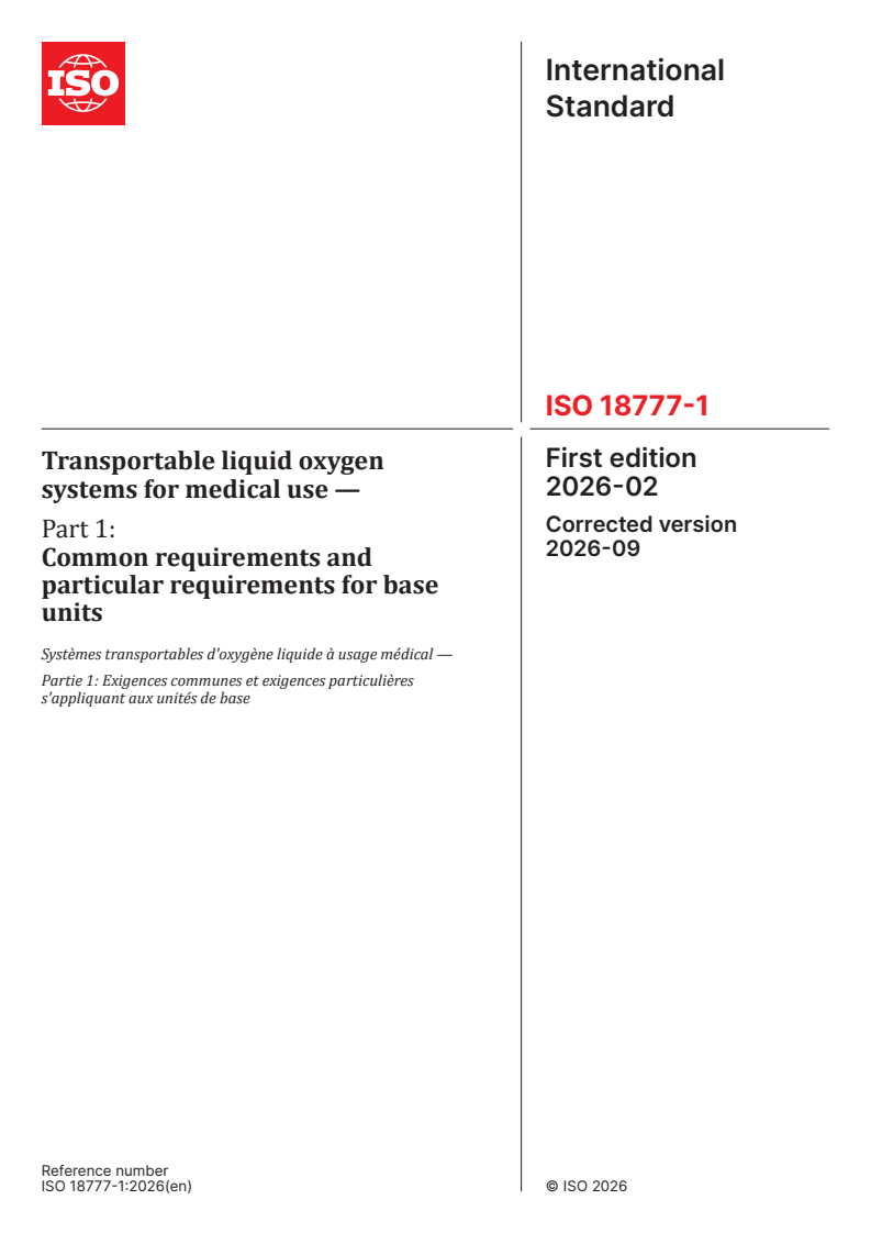 ISO 18777-1:2026 ISO 18777-1:2026 - Transportable liquid oxygen systems for medical use — Part 1: Common requirements and particular requirements for base units - Page 1 preview