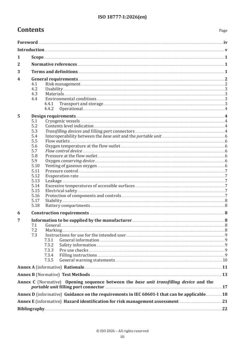 ISO 18777-1:2026 ISO 18777-1:2026 - Transportable liquid oxygen systems for medical use — Part 1: Common requirements and particular requirements for base units - Page 3 preview