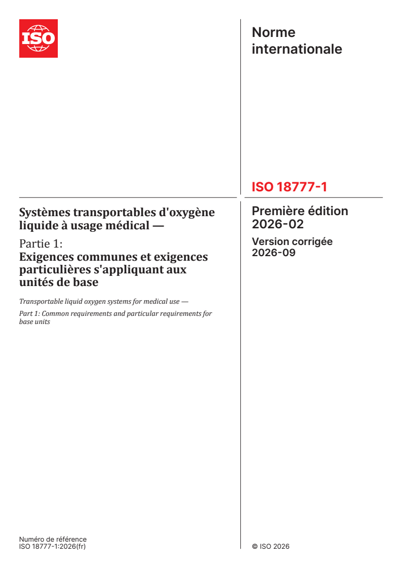 ISO 18777-1:2026 ISO 18777-1:2026 - Systèmes transportables d'oxygène liquide à usage médical — Partie 1: Exigences communes et exigences particulières s'appliquant aux unités de base - Page 1 preview